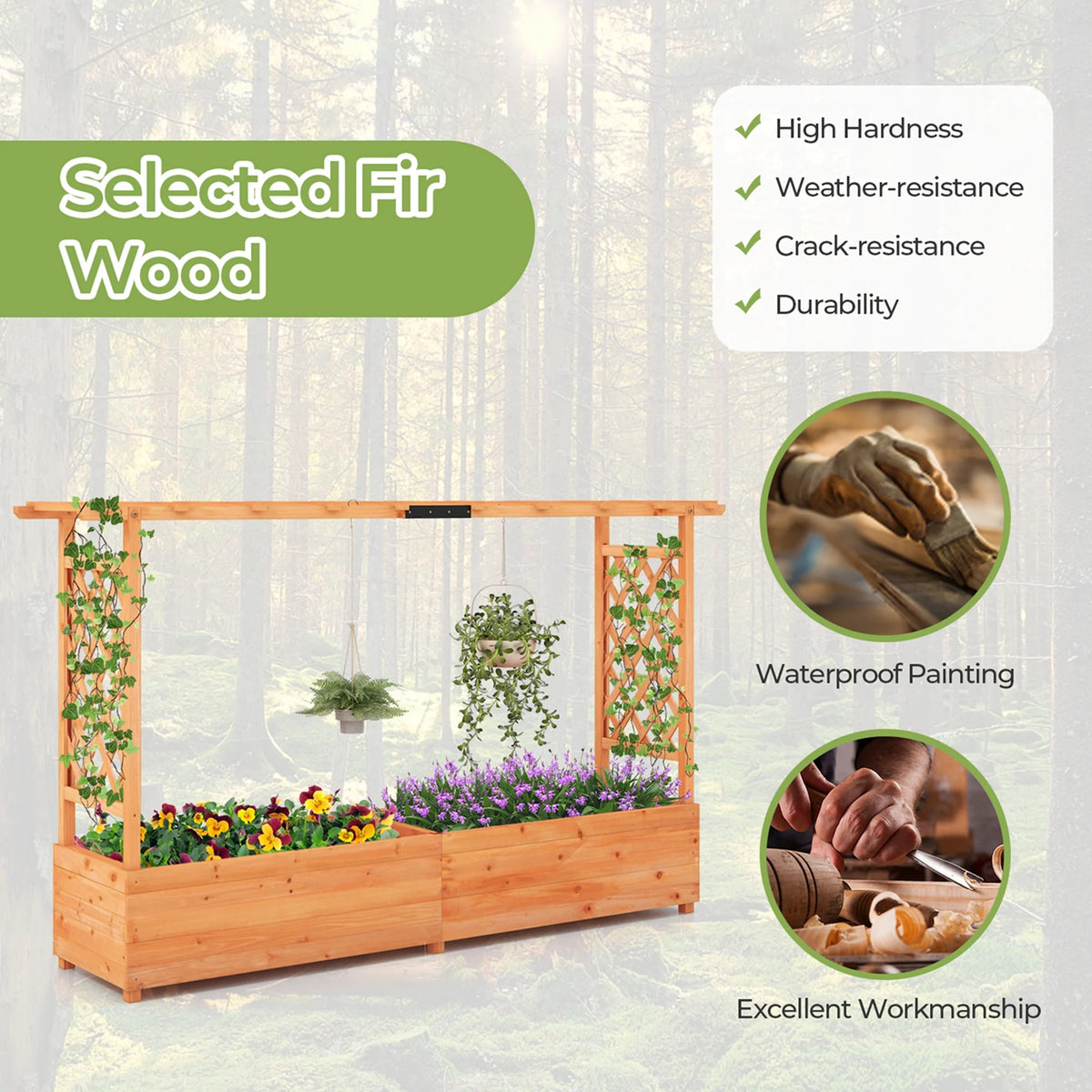 Costway 1 PCS Raised Garden Bed with Trellis Hanging Roof Planter Box Drainage Holes for Patio
