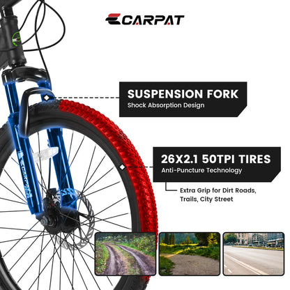 26 Inch Mountain Bike 21 Speed With Dual Disc Brakes High Carbon Steel Frame For Adults All Terrain Commuter Bicycle For Trail Beach City Snow Riding Green