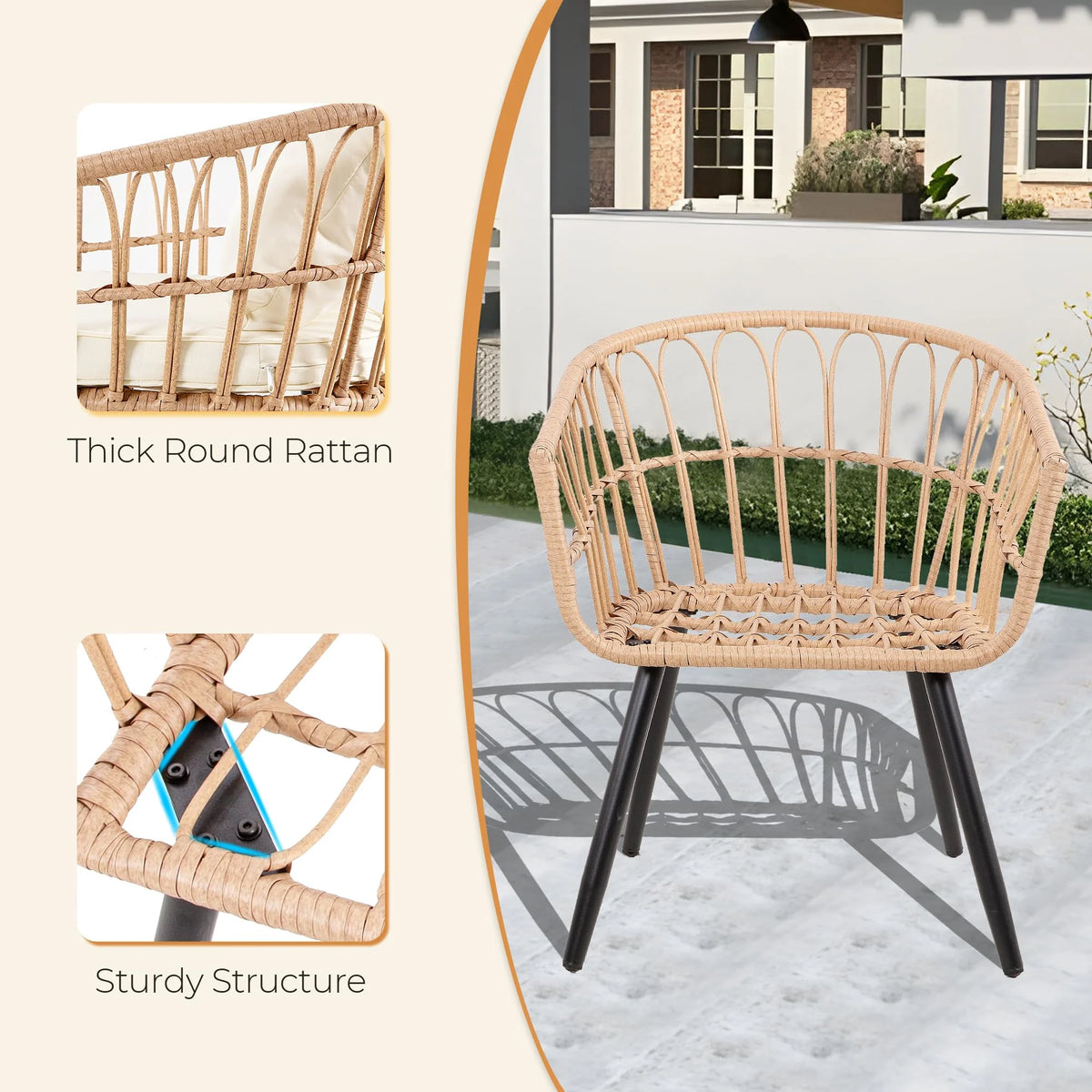 FHFO 3 Piece Patio Bistro Set, Outdoor Wicker Apartment Balcony Furniture Sets, Rattan Table and Chairs Set of 2 for Porch Backyard Lawn Poolside Deck, Beige