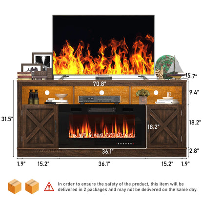 ChVans 70" Fireplace TV Stand for TVs up to 80" with 36" Electric Fireplace, Farmhouse Entertainment Center with LED, Wooden Media Console for Living Room, Bedroom