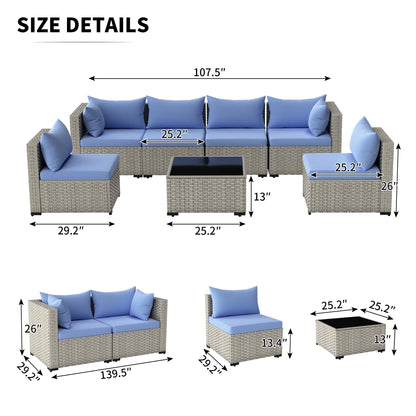 7 Pieces Patio Conversation Set, Outdoor Sectional PE Rattan Wicker Furniture Seat,Dark Gray