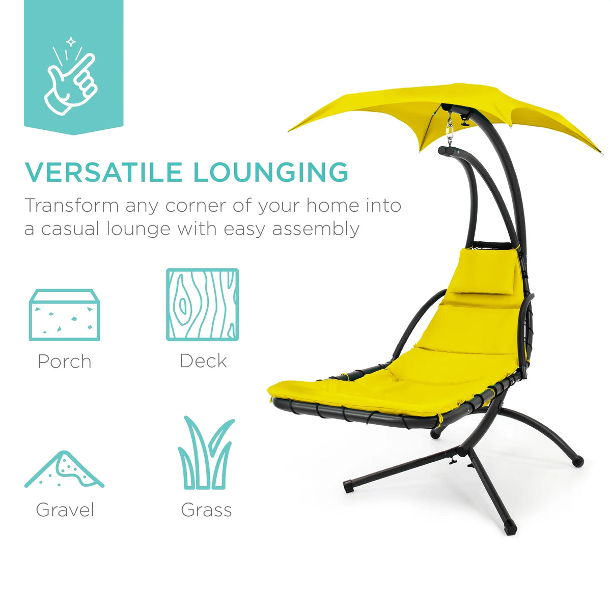 Best Choice Products Hanging Curved Chaise Lounge Chair Swing for Backyard, Patio w/ Pillow, Shade, Stand - Teal