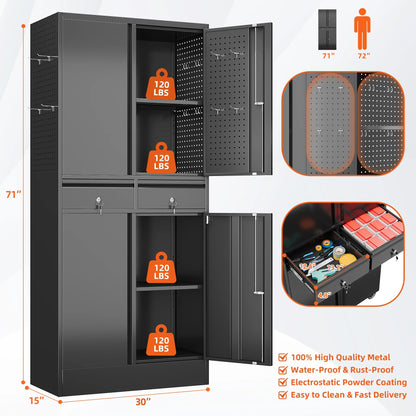 Aobabo 71.41''H Metal Garage Storage Cabinet with Lockable Doors and Hanging Rod,Broom Closet Storage Cabinet with Pegboard and Adjustable Shelves for Home Office School,Required Assembly,Black
