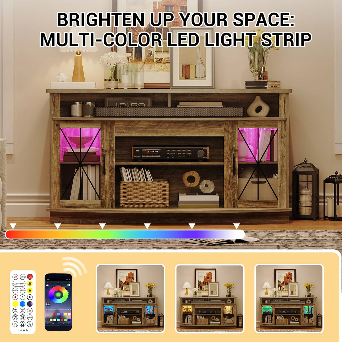 TROPOW Tv Stands for Living Room,Modern Entertainment Center with 2 Acrylic Doors,Led Light Media Console,TV Cabinet with Power Outlets & Adjustable Shelves for Living Room Bedroom,Gray