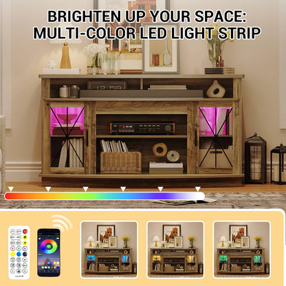 TROPOW Tv Stands for Living Room,Modern Entertainment Center with 2 Acrylic Doors,Led Light Media Console,TV Cabinet with Power Outlets & Adjustable Shelves for Living Room Bedroom,Gray
