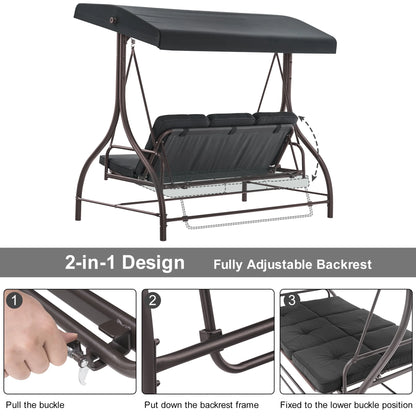 MCombo 3-Seat Outdoor Patio Swing Chair Cushioned with Adjustable Backrest and Canopy, Pillow, Brown