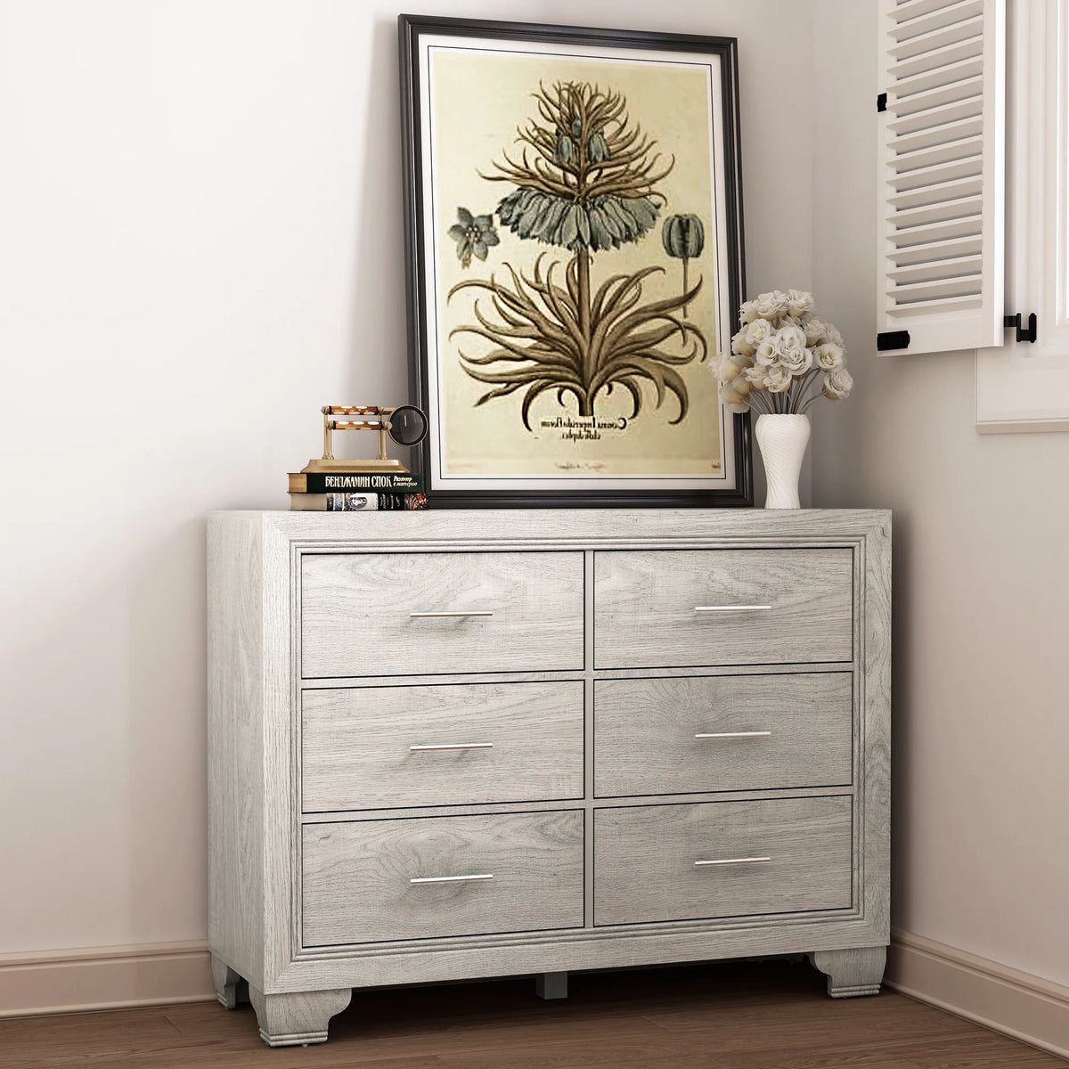 Homhougo White Dresser for Bedroom 6 Drawer, Wood Organizer Storage Cabinet with Gray Strip Drawer Door, Chest of Drawers for Closet, Living Room, Hallway, Nursery, Kids Bedroom