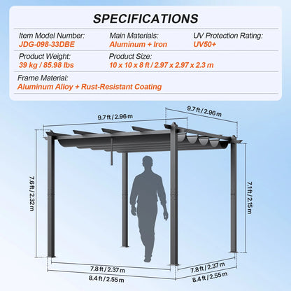 KFFKFF 10'x10' Aluminum Pergola, Outdoor with Retractable Sun Shade Canopy, Ideal for Patio, Garden, Deck, Backyard - Gray