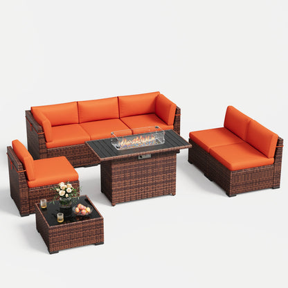 MRUAKA 8 Pieces Patio Furniture Set with Fire Pit Table, Outdoor Furniture Sectional Rattan Sofa with Slanted Back, Patio Couch with Glass Coffee Table for Backyard Garden (Dark Grey)