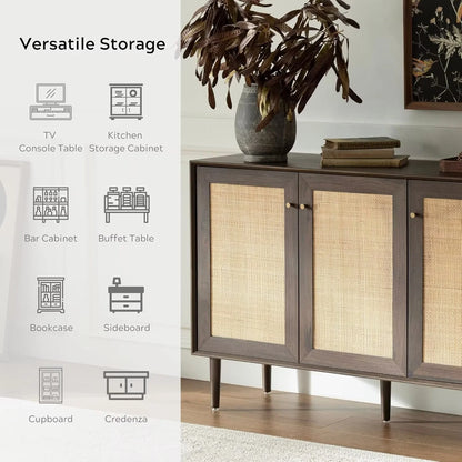 EYYTHUNG Farmhouse 3-Door Rattan Storage Cabinet, Solid Wood Entryway Buffet Sideboard