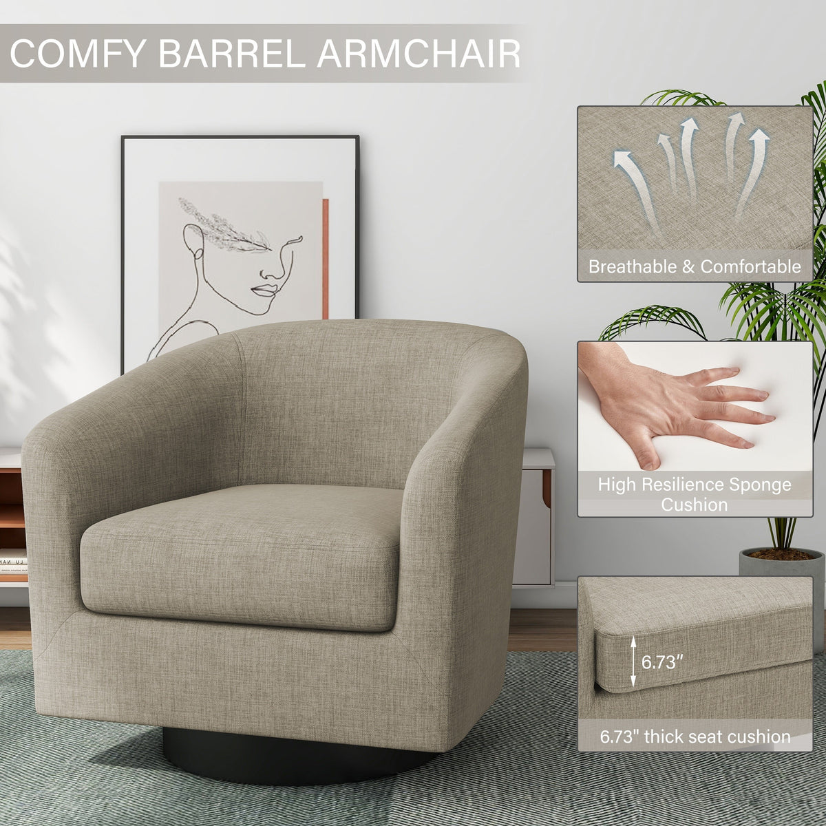 DREAMSIDEA Swivel Barrel Accent Chair for Living Room, Modern Upholstered Round Club Armchair-Cream
