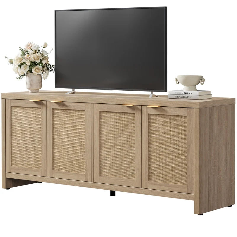 SICOTAS 61.5"W Rattan TV Stand with 4 Doors, Boho Entertainment Center with Adjustable Shelves & Spacious Countertop �C Large Boho Farmhouse Media Console for Living Room, Reclaimed Caramel Oak