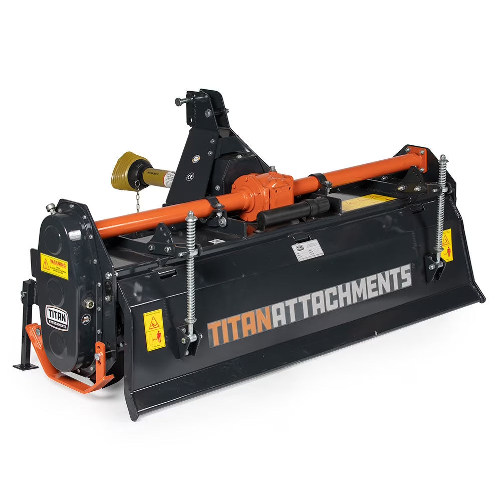Titan Attachments 72n PTO Driven Rotary Tiller, Category 1, 3 Point Hitch, Single Speed Gear Drive, L-Shaped Tines Work 5in Deep