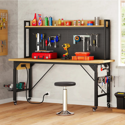 DEXTRUS Multifunctional Workbench with Wheels, 59.1" x 23.6" with Pegboard Worktable w/ Power Outlets, A3 Steel Work Bench For Garage max. Heavy Duty Workbench 2000lbs Weight Capacity
