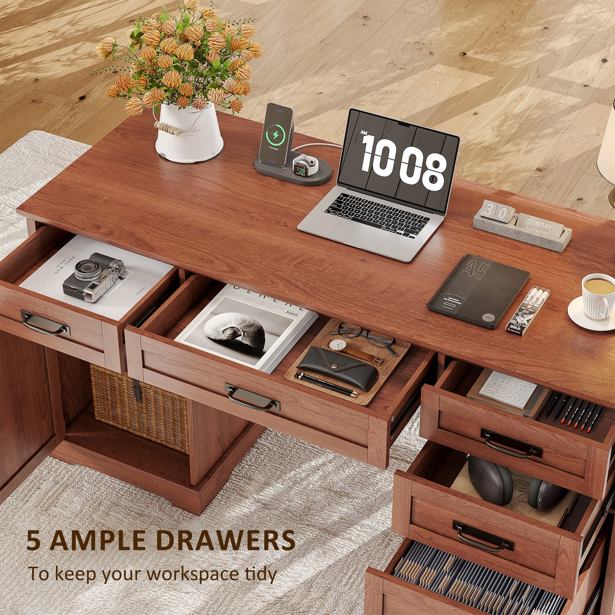 Whalefall 55 in Farmhouse Executive Desk with File Drawer for Adult Home Office, White