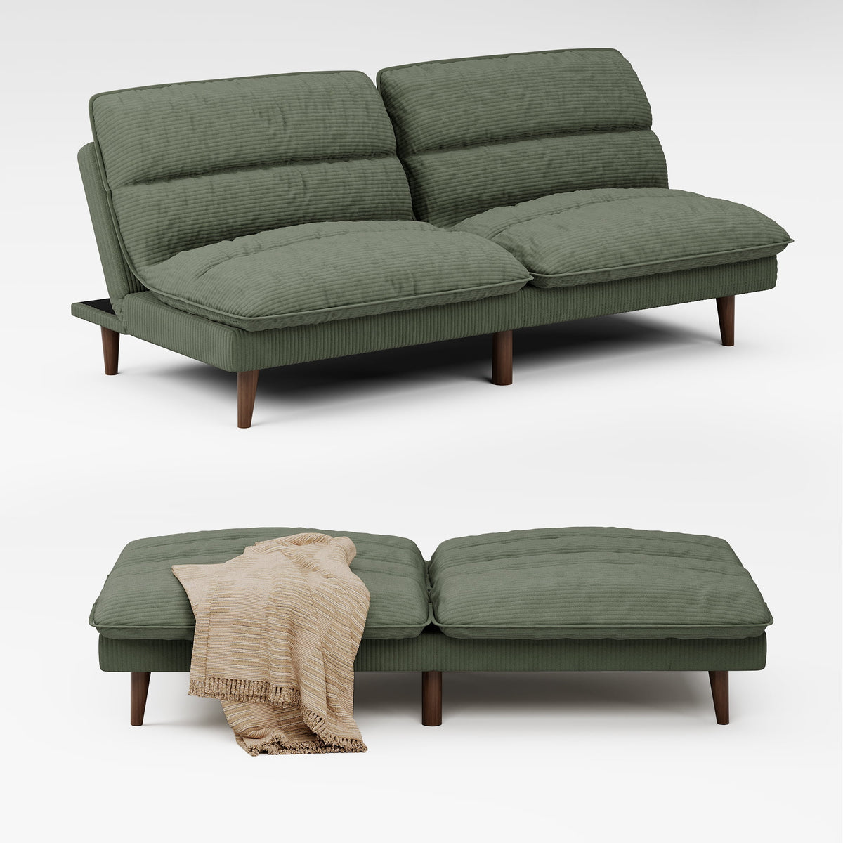 Homall Futon sofa, Two Seat Adjustable Sofa, Corduroy Fabric, Upholstered Sofa, Sofa Changeable into Bed, Leisure Reading and Games, Green