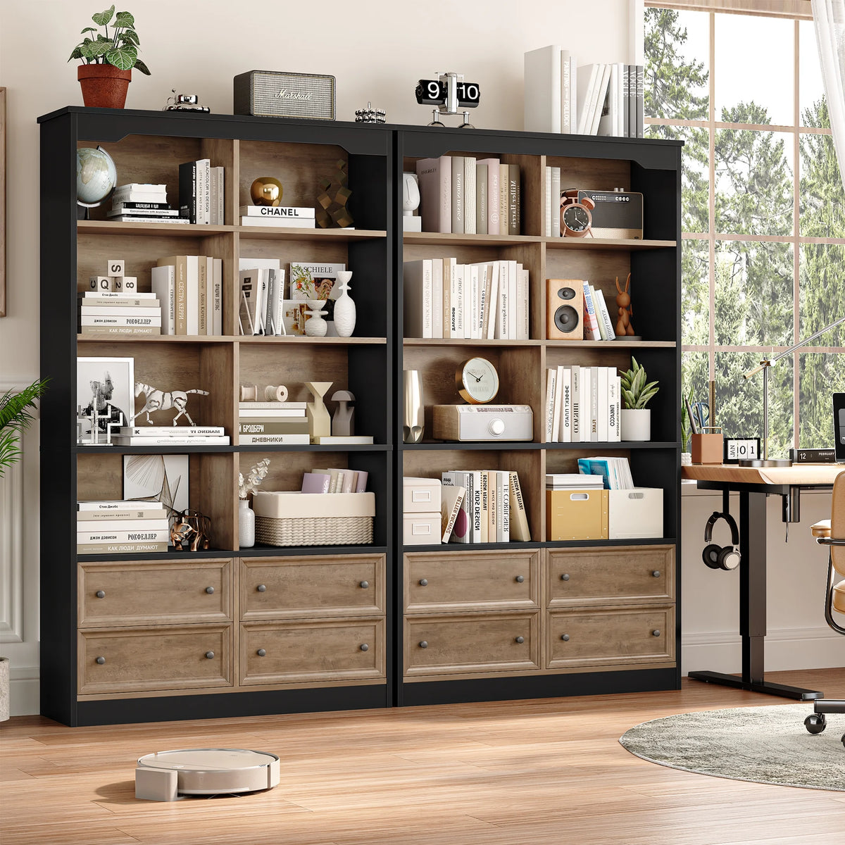 Homfa Double Row 6 Tier Bookcases, 71 in Tall Bookcase Bookshelf with 4 Drawers and 8 Display Cubicles, for Home Office Living Room, White