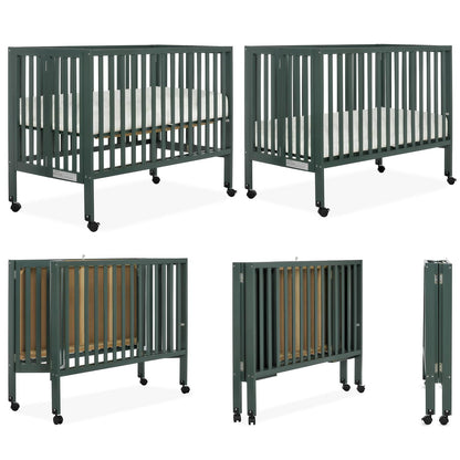 Dream On Me Quinn Full-Size Folding Crib. Removable Wheels. Modern Nursey. Adjustable Mattress Support. Patent Folding System in Olive
