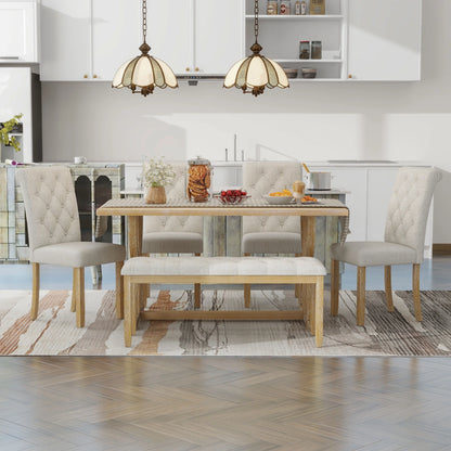Besthome 6-Piece Retro Rectangular Dining Table Set, Table with Unique Legs and 4 Upholstered Chairs & 1 Bench for Dining Room and Kitchen (Natural Wood Wash)