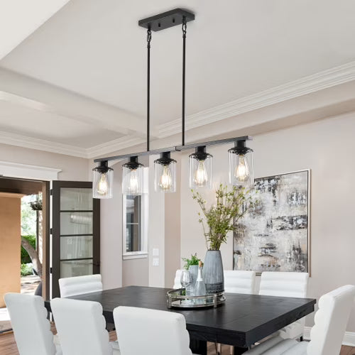 ACE-LIGHTS,Modern Industrial 5-Light Chandelier with Clear Glass Shades(Bulbs Not Included),Hanging Ceiling Light Fixture for Living Room,Dining Room,Kitchen Island(Black)