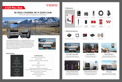 VIOFO A129 Plus Duo Dash Cam 2K 1440P 60FPS + 1080P 30FPS Wi-Fi GPS - NEW