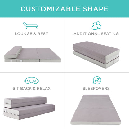 Best Choice Products 4in Thick Folding Portable Twin Tri-Fold Mattress w/ Carry Case, Washable Cover - Gray