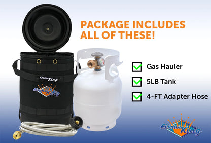 Flame King Gas Hauler Pro Kit - Insulated Protective Carry Case, 5lb Propane Tank with Built-in Gauge and 5-ft Adapter Hose for Camping and Outdoor Adventures