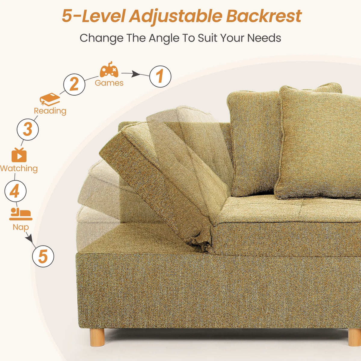 SEJOV 4-in-1 Convertible Sleeper Chair Bed, Linen Sofa Bed for Small Space, Futon Sofa with 2 Throw Pillows for Living Room, Single Recliner with 5 Adjustable Backrest for Bedroom Apartment, Brown