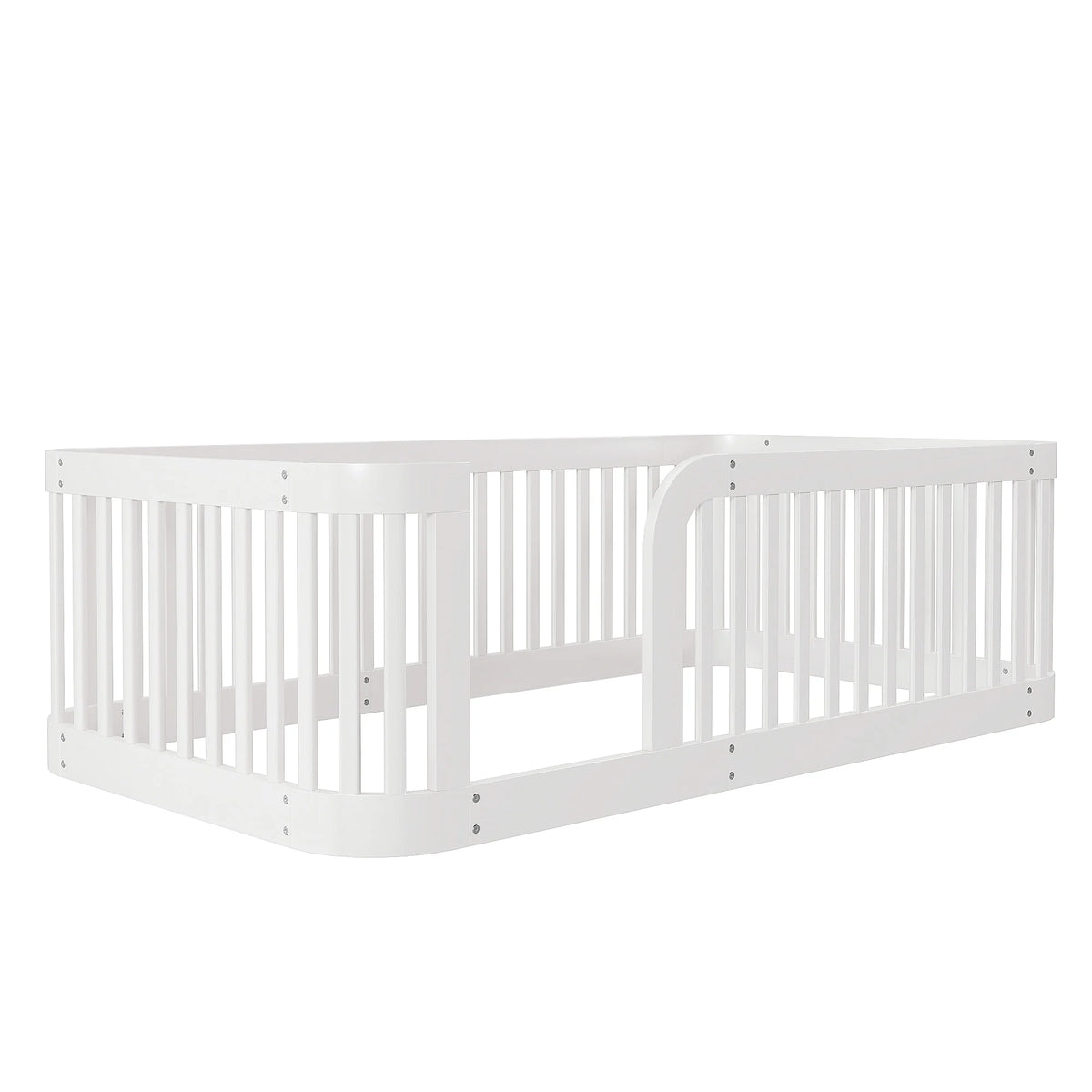 Euroco Twin Size Floor Bed with Fence for Kids Teens and Toddlers, White