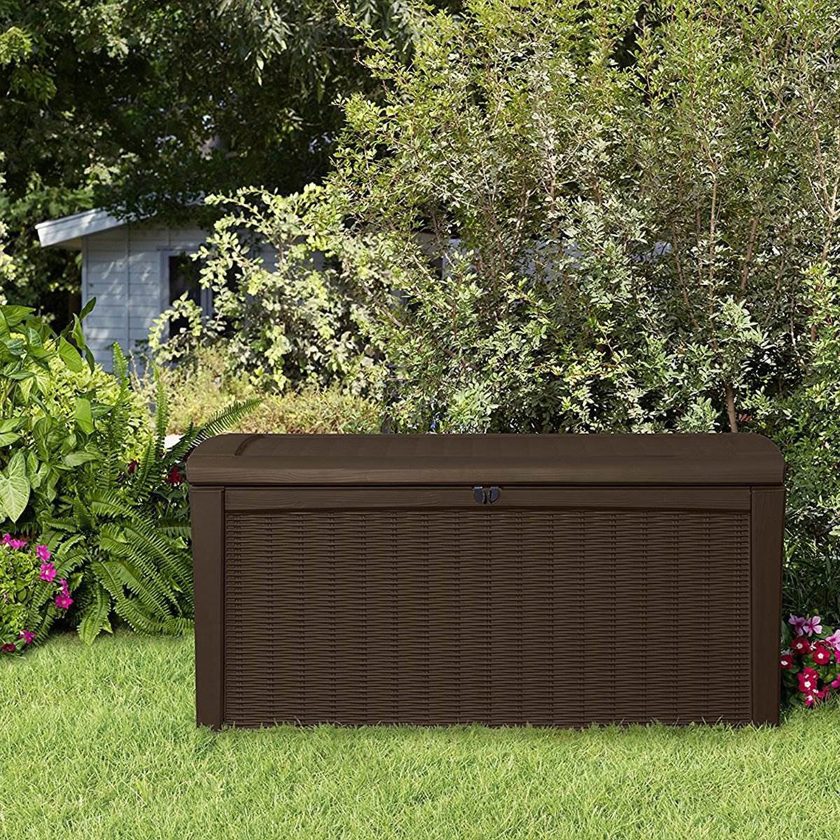 Keter Borneo 110 Gallon Rattan Wicker Resin Deck Storage Box Bench, Brown
