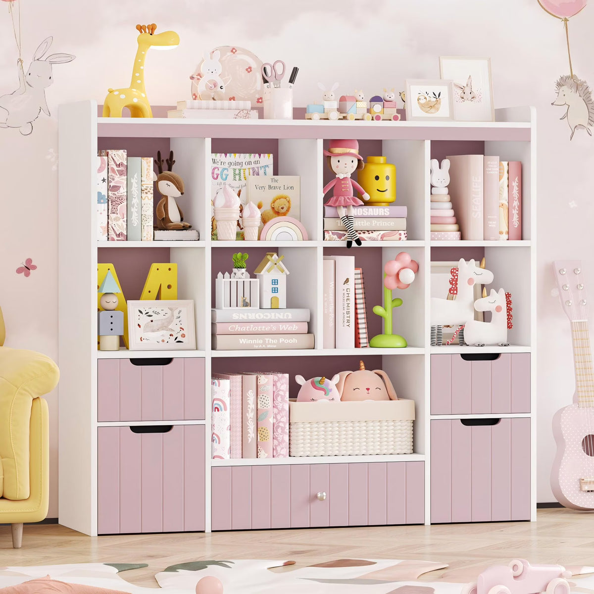 Homfa Kids Toy Storage Organizer with Cubby, Kids Toy Storage Chest with Removable Drawers, Kids Bookcase for Playroom Bedroom Living Room, Gray