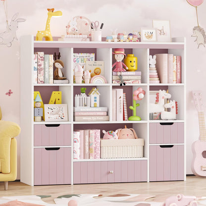 Homfa Kids Toy Storage Organizer with Cubby, Kids Toy Storage Chest with Removable Drawers, Kids Bookcase for Playroom Bedroom Living Room, Gray