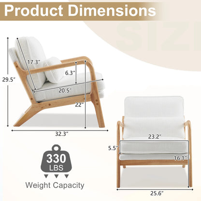 Ktaxon Accent Chair Corduroy Upholstered Armchair, Reading Club Chair with Pillow and Solid Wood Frame for Living Room Bedroom Furniture Off White