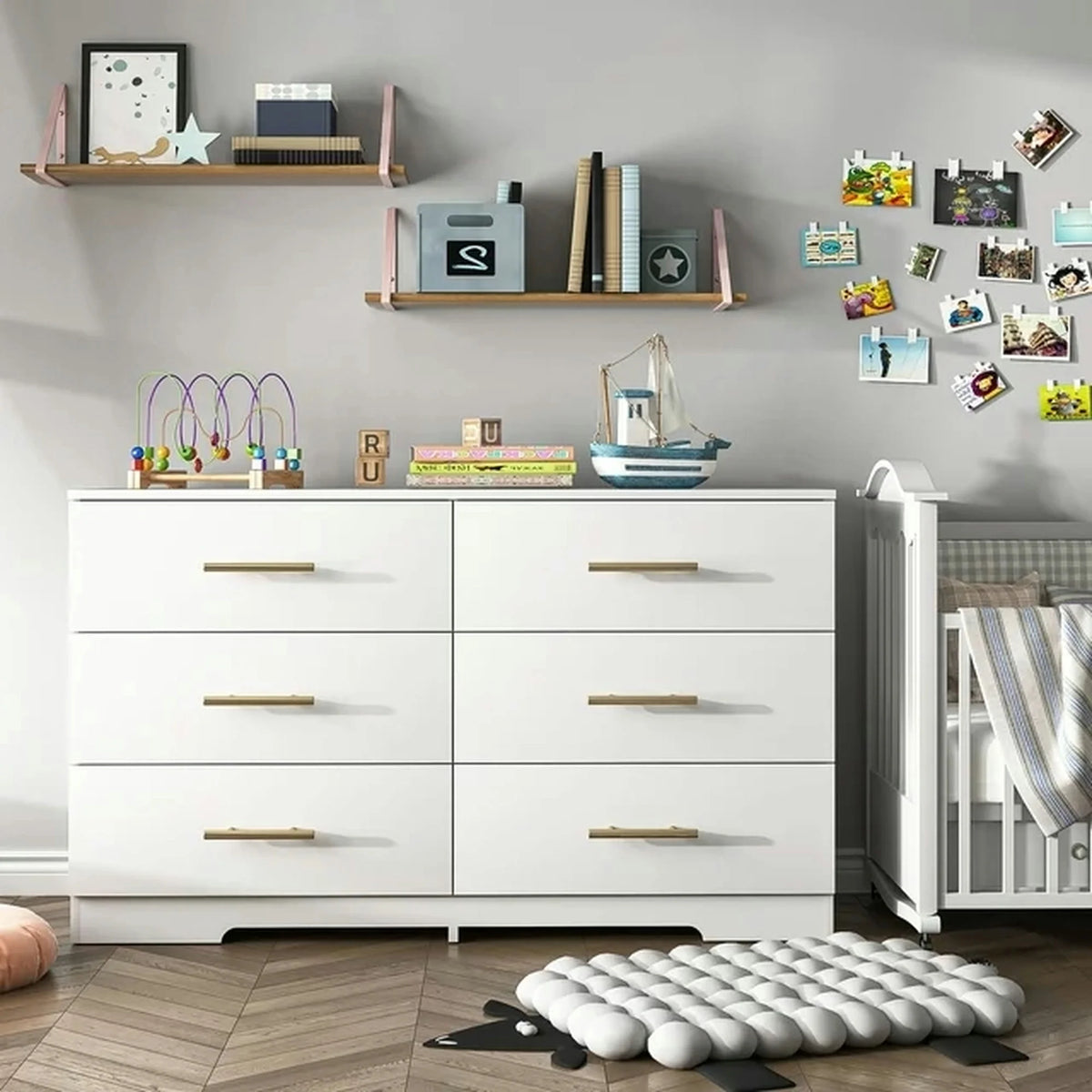 Kadyn White Chest of Drawer, 6 Double Drawer Dresser for Bedroom, Modern Storage Cabinet for Living Room, Dresser