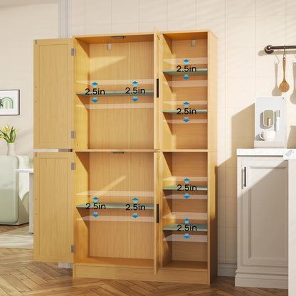 63" Tall Kitchen Pantry, Kitchen Pantry Cabinet with 4 Doors and Adjustable Shelves, Storage Cabinet for Dining Room, Laundry Room, Oak