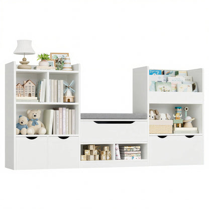 Hiphuta 72"Wide Kids Bookcase with Reading Nook and Under Bench Storage, Wooden Toy Storage Organizer & Book Rack for Kids Room, White