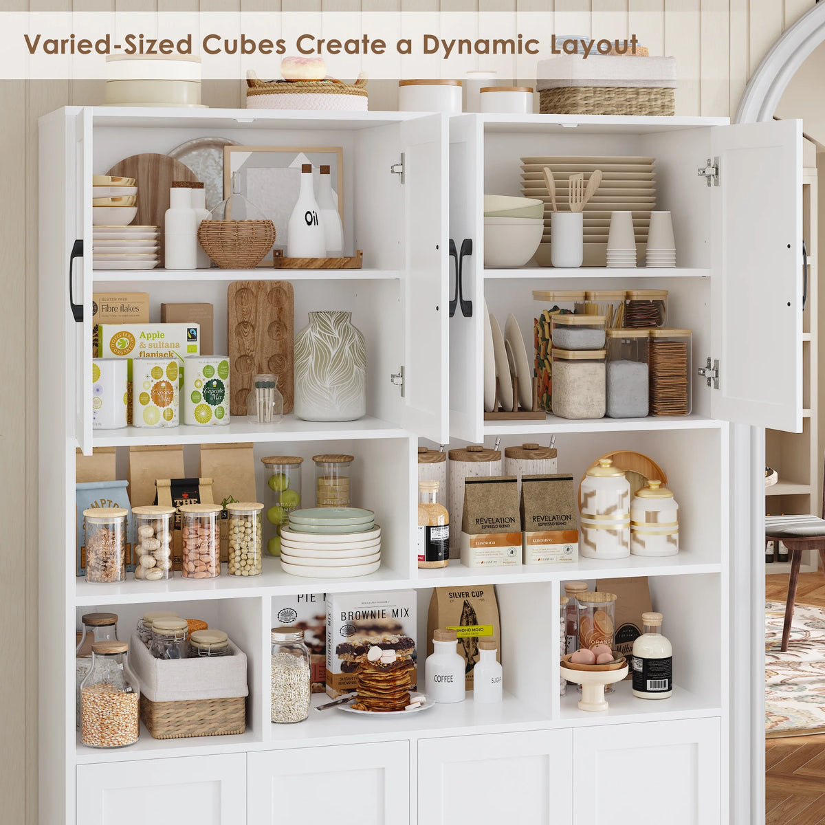 Homfa 8 Door Pantry Cabinet with Adjustable Shelves��71��H Storage Cabinet with Open Cubes for Kitchen, Dining Room, White