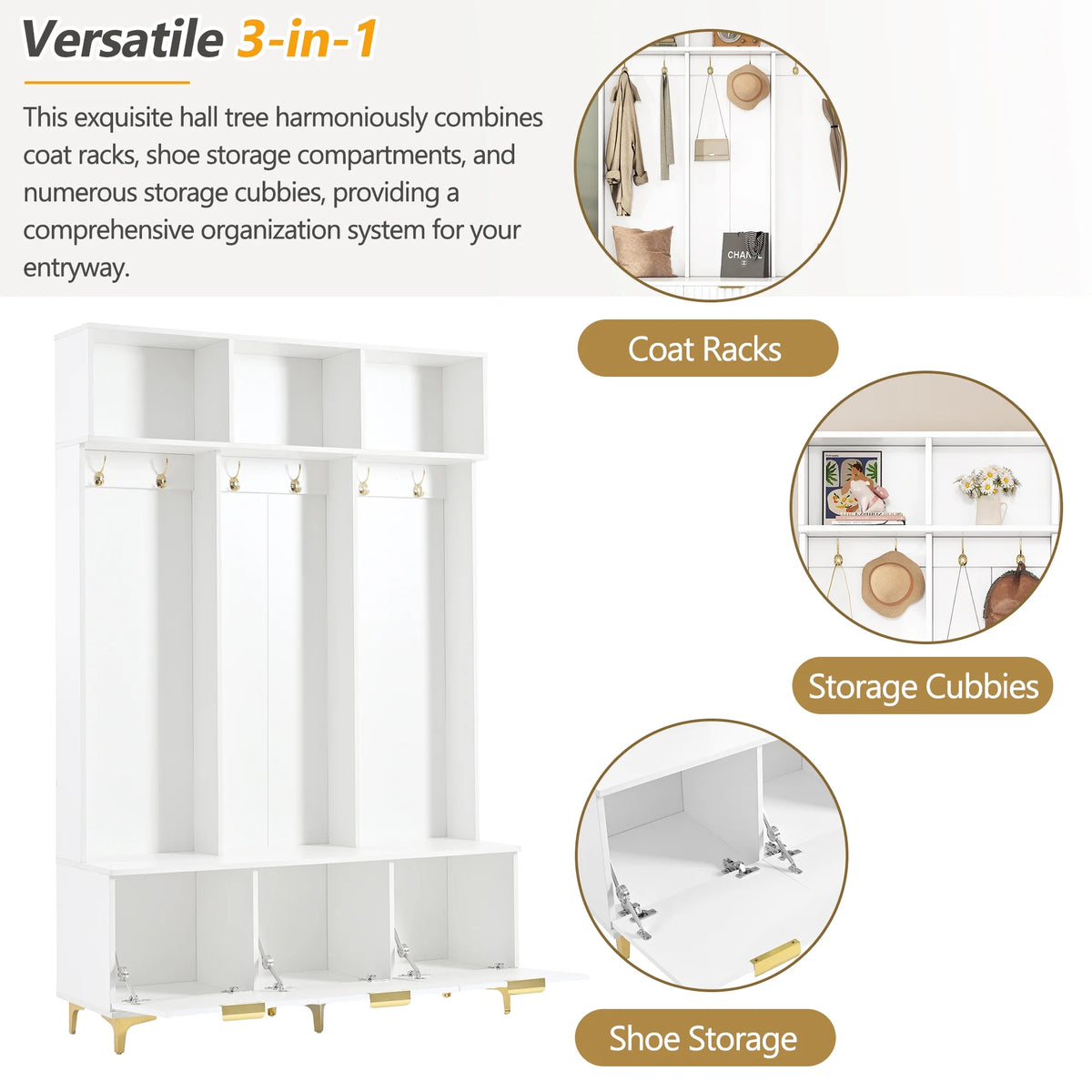 Euroco Modern Hall Tree with High Gloss Fluted Doors, Gold Accents, Shoe Storage & Bench a?? Entryway Organizer with Cubbies and Coat Hooks