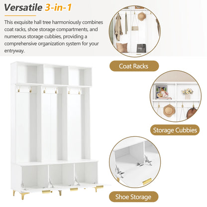 Euroco Modern Hall Tree with High Gloss Fluted Doors, Gold Accents, Shoe Storage & Bench a?? Entryway Organizer with Cubbies and Coat Hooks