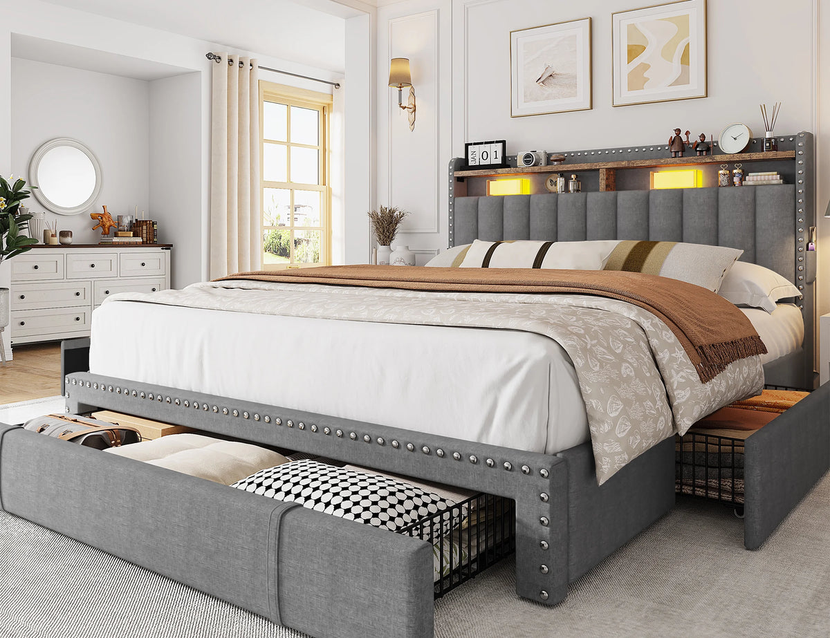 EnHomee Queen Bed Frame with 3 Storage Drawers Upholstered Queen Size Bed Frame with Headboard Noise Free Platform Bed with Metal Frame & Wood Slats Support Beige Bedroom Furniture for Adults Clothes