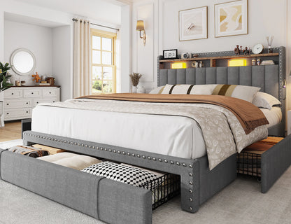 EnHomee Queen Bed Frame with 3 Storage Drawers Upholstered Queen Size Bed Frame with Headboard Noise Free Platform Bed with Metal Frame & Wood Slats Support Beige Bedroom Furniture for Adults Clothes