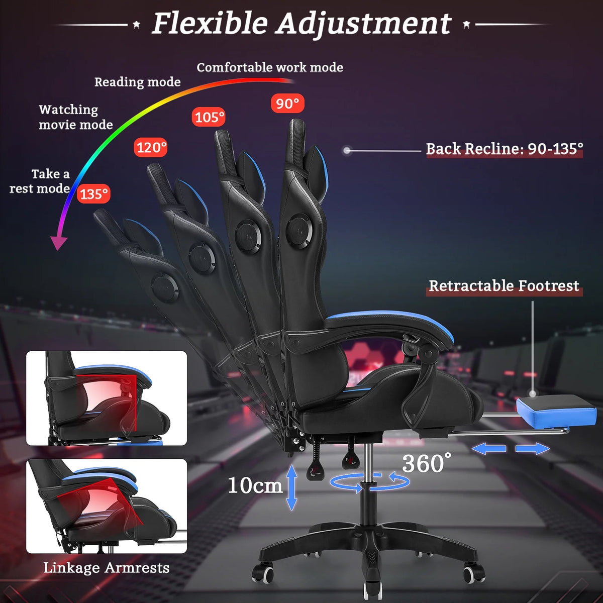 Hoffree Gaming Chair with Speakers PU Leather Office Chair with Footrest and LED Lights Ergonomic Gamer Chair with Massage Lumbar Support and Headrest Adjustable Swivel for Home Office 300lb