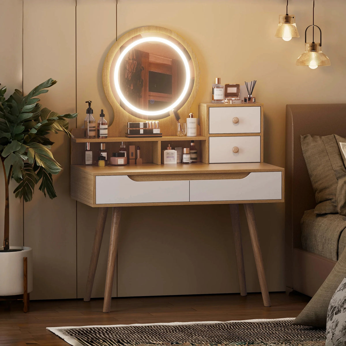 Montary Modern Mini Vanity w/Adjustable LED Mirror + Hidden Storage, Padded Stool & Dustproof Shelves (White)