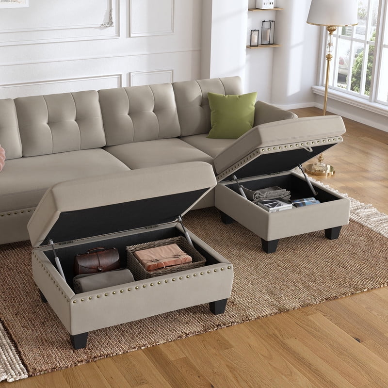 HONBAY Modern Velvet Sofas Set with Storage Ottoman Sectional Sofa in Peal Grey