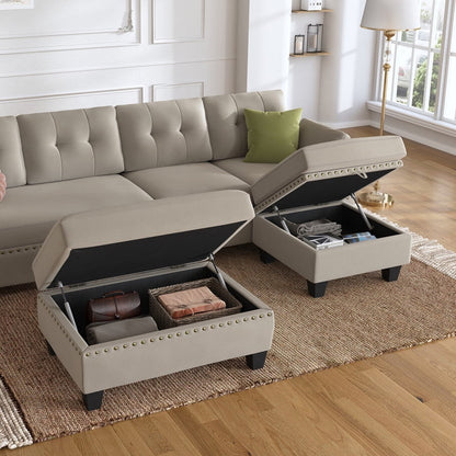 HONBAY Modern Velvet Sofas Set with Storage Ottoman Sectional Sofa in Peal Grey