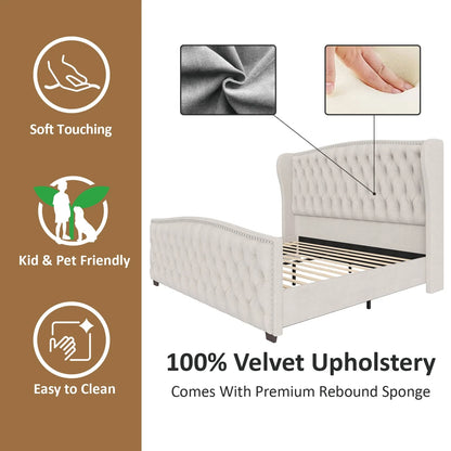 VANACC Queen Size Bed Frame, Velvet Upholstered Bed with Deep Button Tufted Wingback Headboard��Grey