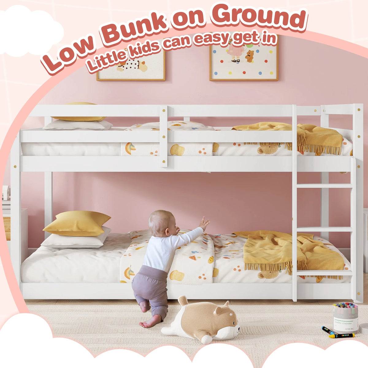 SESSLIFE Bunk Bed Twin Over Twin, Low Floor Bunk Bed with Guard Rails for Dorm, Small Space, No Box Spring Needed(White)