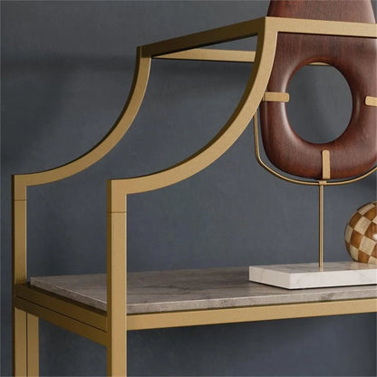 Pemberly Row 5-Shelf Modern Metal Bookcase in Gold Satin/Faux Deco Stone