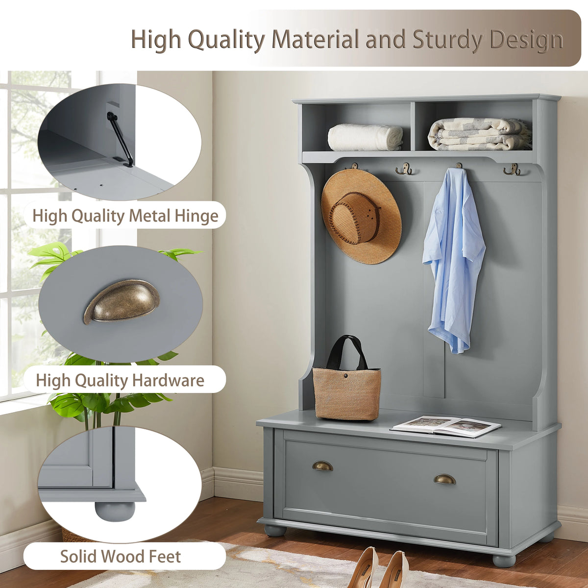PORKISS Hall Tree, Wood Entryway Hall Tree with Open Shelves, Shoe Cabinets and Solid Wood feet, Coastal Style Hall Tree with Storage Bench, Modern Tree Entryway Bench for Living Room, White