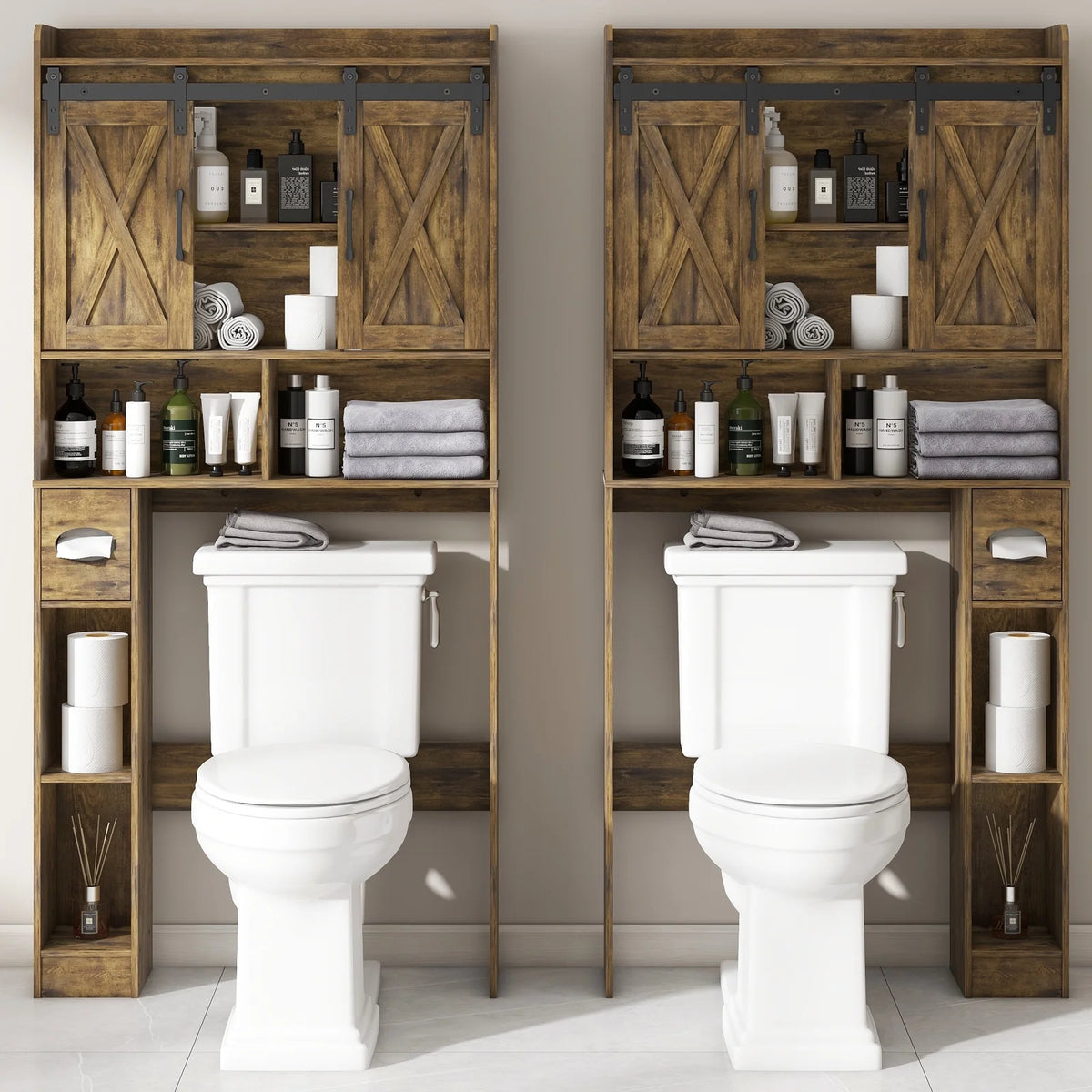 Over The Toilet Storage Cabinet, Farmhouse Storage Cabinet Over Toilet with Sliding Doors��Home Space-Saving Toilet Rack, for Bathroom, Restroom, Laundry